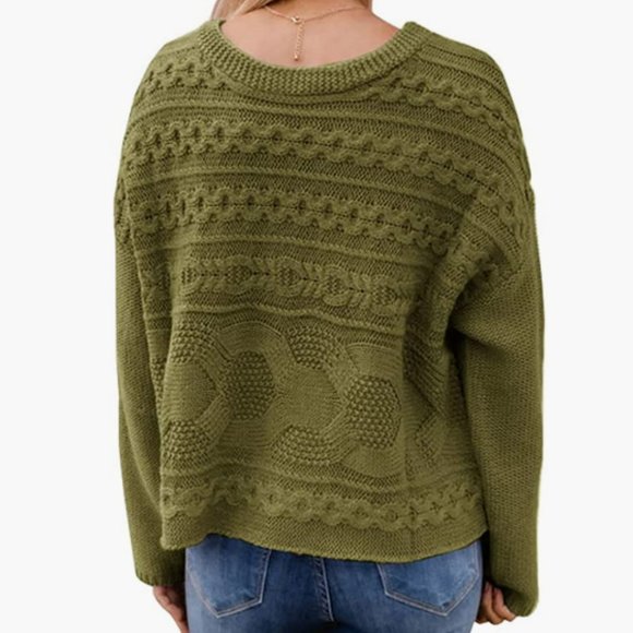 NWT Solid Olive Army Green Cable Knit Thick Chunky Bell Sleeve Pullover Sweater - Picture 3 of 4